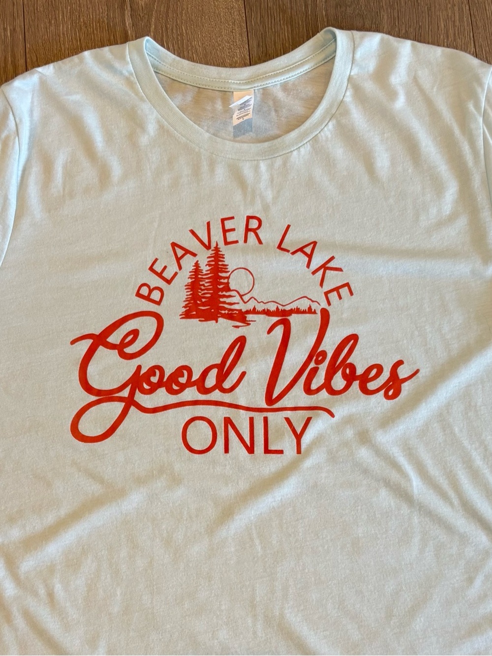 Bella Canvas Light Blue Tee with "Good Vibes Only" Beaver Lake Graphic - NWOT